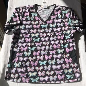Comfy Cotton Women’s Short Sleeve Nurse Shirt size M, Black Purple, Deep Pockets